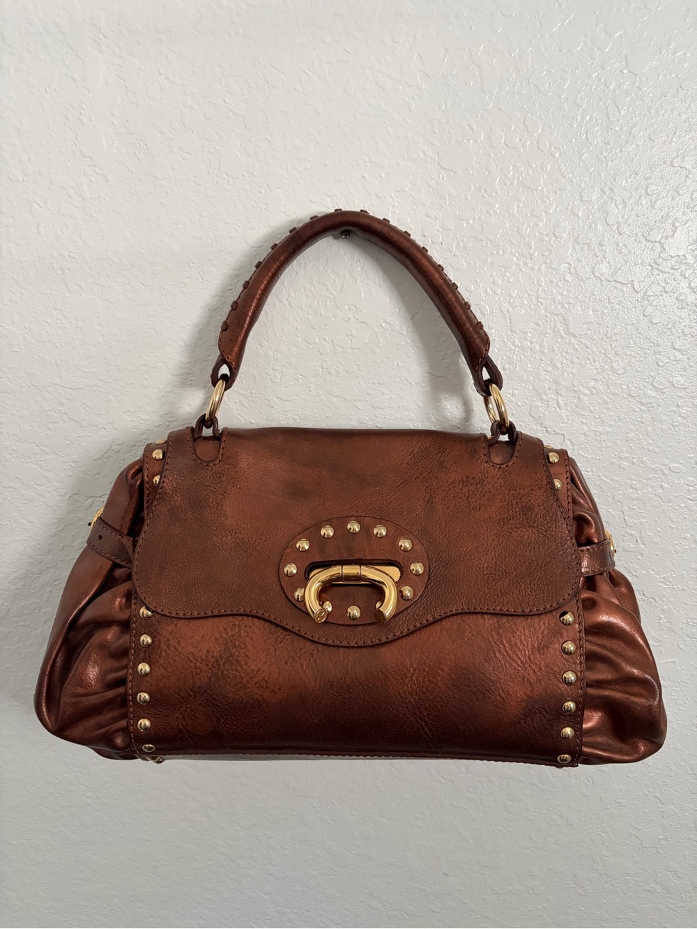 Francesco Biasia Metallic Brown Stud-Accent Shoulder Bag